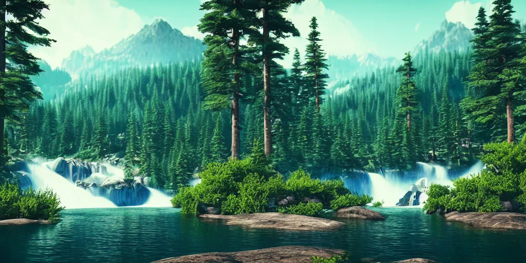 Image similar to epic landscape. mountains. river. waterfall. pine trees. lake. forest. cinematic. epic. high details, photorealistic. concept art. artstation trending. photorealistic. 3 5 mm film.