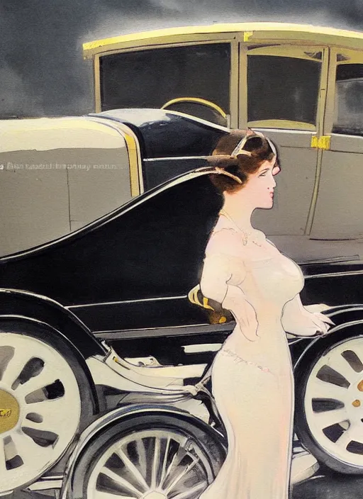 Prompt: a painting of a woman posing in front of a 1920's car by Louis Icart, highly detailed, masterpiece, trending on ArtStation, ultra realistic