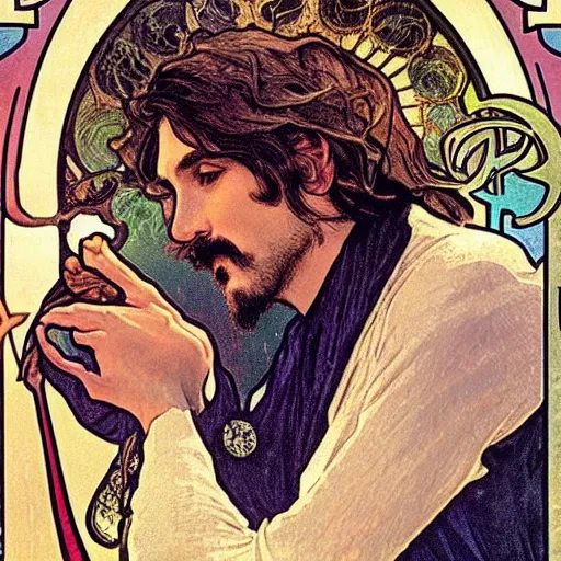 Image similar to a close up man with small mustache and small beard by louis - theophile hingre and alphonse mucha, realistic, sharp focus, zodiac signs, tarot cards, planets, ethereal, art nouveau, magic, moon, sun, crown, dreamy, royal, jewellery