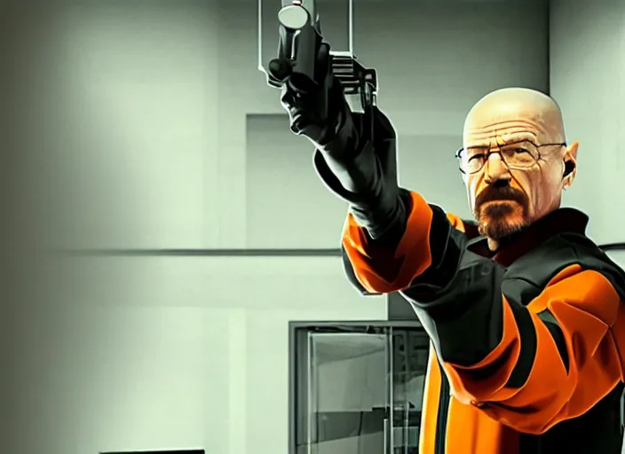 Image similar to film still of Walter White as Gordan Freeman wearing Black and orange Black Mesa Jumpsuit holding a gravity gun in the Half Life Movie, 4k