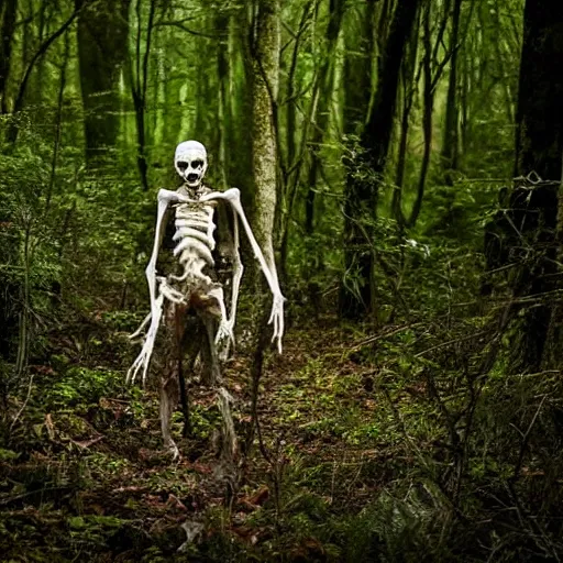 Prompt: horror, photography, pale, rotten figure, bony, grinning, walking through undergrowth in a dense forest in daytime, wide eyes