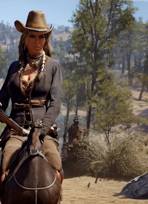 Image similar to film still of kim kardashian as Sadie Adler in rdr2.