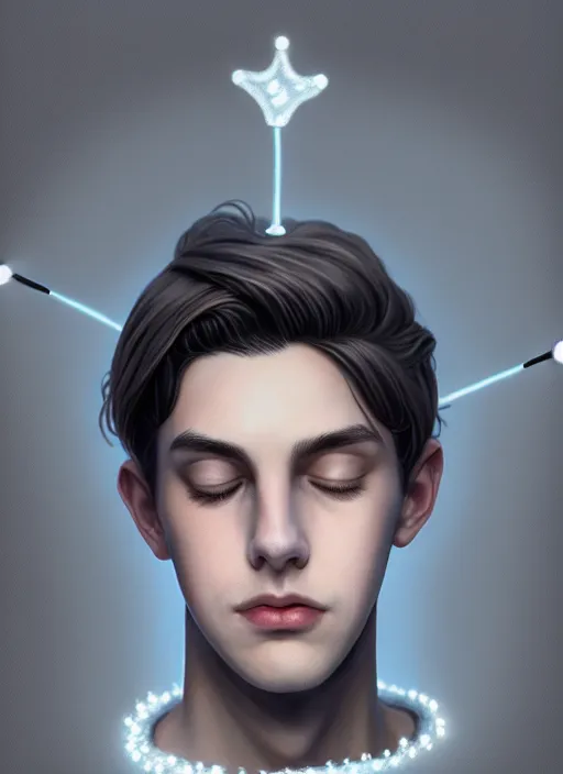 Image similar to portrait of teenage jughead jones wearing a light grey crown, photorealistic, crown, eyes closed, crown, black hair, intricate, elegant, glowing lights, highly detailed, digital painting, artstation, concept art, smooth, sharp focus, illustration, art by wlop, mars ravelo and greg rutkowski