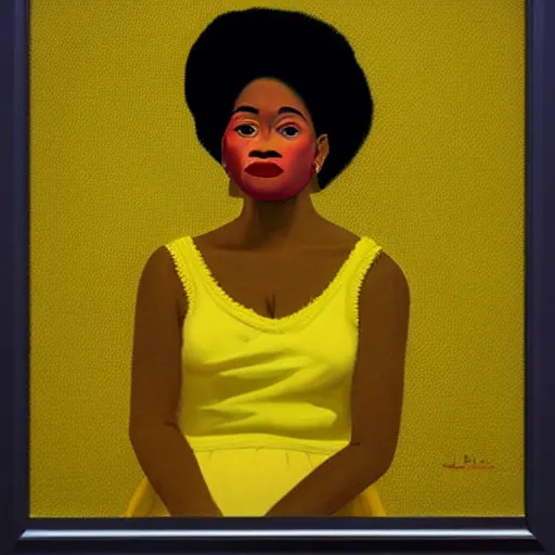 Prompt: african american woman wearing a yellow tutu, portrait artwork by david hockney airbrush and jack vettriano h 6 4 0