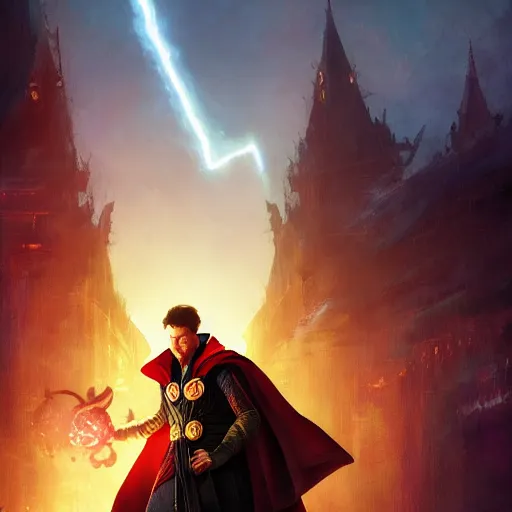 Prompt: dr strange with thor, magical world, by greg rutkowski, sung choi, photo realistic, 8 k, cinematic lighting, hd, atmospheric, hyperdetailed, trending on artstation, devainart, digital painting, glow effect