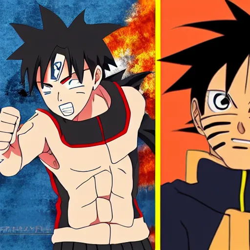 Prompt: an anime character that looks like naruto, goku, luffy