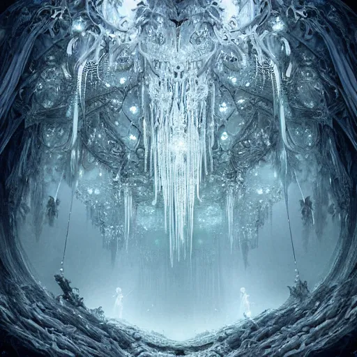 Image similar to under an white intricate like jewels epic forest suspended in the air upside down, a white pool with intricate epic circles of water within which float phantasmagoric biorobotic humanoids, dressed in intricate veils and jewels, epic environment, matte painting, diffused lighting, highly detailed, cinematic, epic atmosphere, digital art, trending on artstation, wide angle