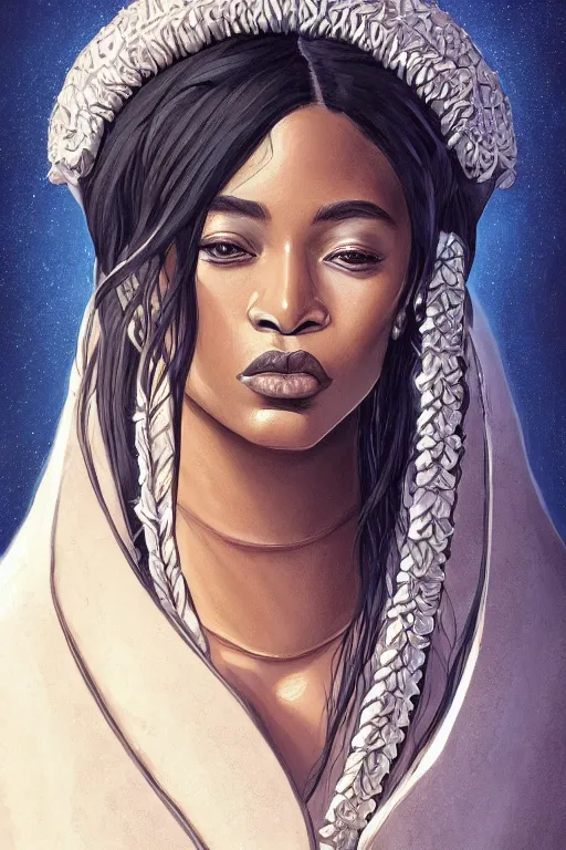 Image similar to A bust of a beautiful black skinned Maori girl with large lips and smooth eyebrows and straight hair, HD, illustration, epic, fantasy, intricate, elegant, amazing detail, digital painting, artstation, concept art, smooth, sharp focus, illustration, art by Turine Tran