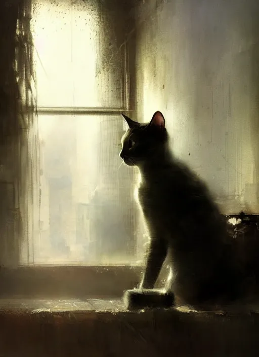 Image similar to a dramatic portrait of a cat inside a modern apartment, intricate concept art, ethereal, ominous, dramatic lighting, by jeremy mann and ruan jia