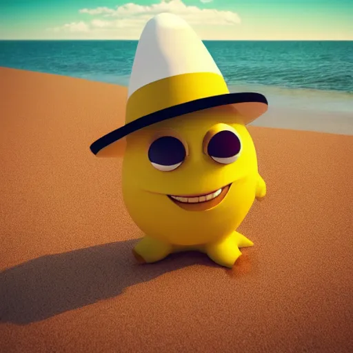 Prompt: 3 d render, of anthropomorphic lemon character with an angry look on his face, he is wearing a hat, relaxing on the beach at sunset, beach, waves, sun, rim light, cinematic photography, professional, sand