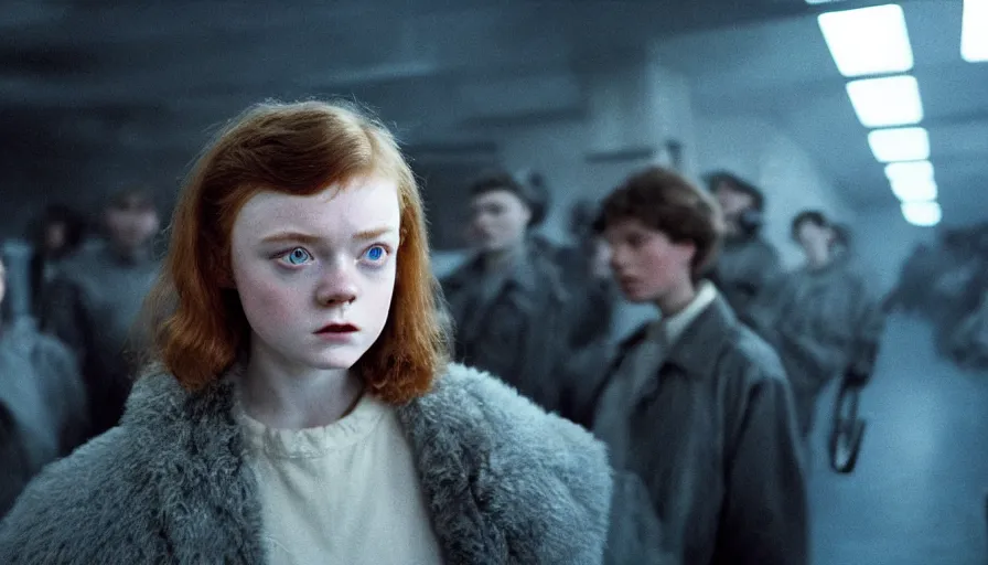 Image similar to sadie sink with trimmed hair in oversized man's coat : a still from a scifi soviet cyberpunk film from 1 9 8 0 s. by steven spielberg, robert zemeckis, francis ford coppola, james cameron. 6 5 mm low grain film stock. sharp focus, realistic facial expression, perfect anatomy, global illumination, radiant light, detailed and intricate environment, trending on artstation