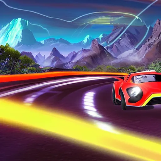 Image similar to https://s.mj.run/cI-BRi9ZEVs dynamic epic speed racer game marketing image with some neon lights on the road, mountains on the background. Concept art sheet study by Blizzard and Ubisoft, complementary color scheme
