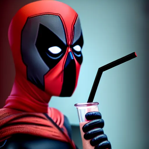 Prompt: portrait of the grim reaper as a woman holding deadpool\'s head with a straw in it, hyperrealistic, concept art, trending on artstation, 8k, cgsociety