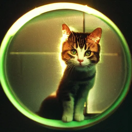 Prompt: a cat peeks out of a circular bubble window, 1 9 9 0 s anime, soft glow