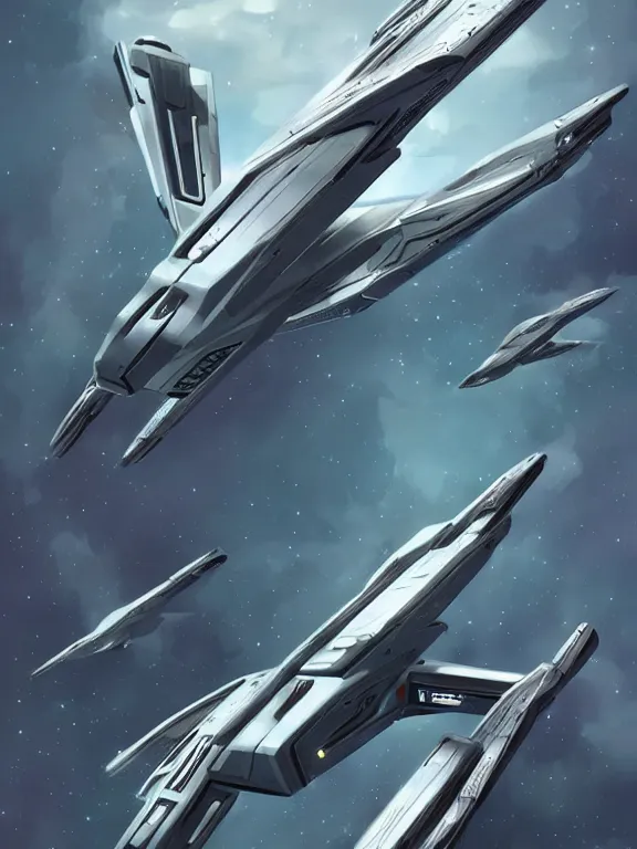 Image similar to futuristic symmetric flying spaceship from star trek, concept art, detailed, in space, by lin hongy