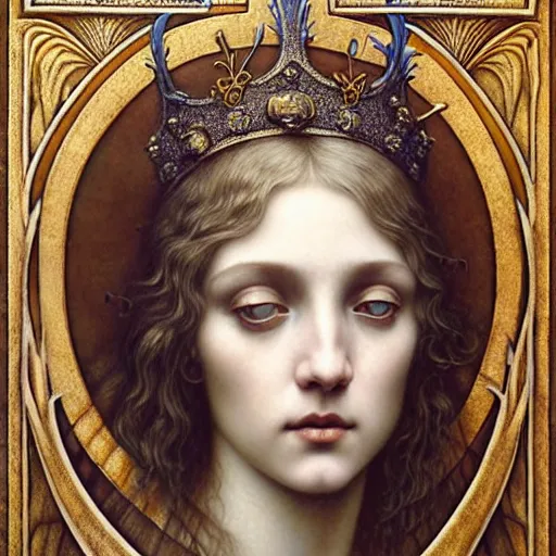 Image similar to detailed realistic beautiful young medieval queen face portrait by jean delville, tom bagshaw, brooke shaden, gustave dore and marco mazzoni, art nouveau, symbolist, visionary, gothic, pre - raphaelite, ornate gilded medieval icon, surreality, ethereal, unearthly, haunting, celestial, neo - gothic, ghostly, memento mori, nightmare