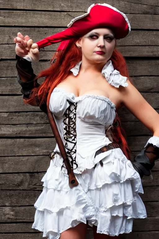 Image similar to close up of a buxom pirate wench wearing a short skirt, Halloween, cosplay, beautiful gazing eyes