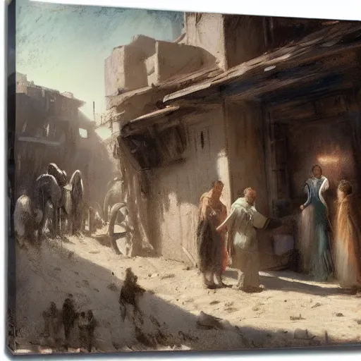 Image similar to pastel on canvas of Mary and Joseph being turned away from an inn at night, pack animals in the background, crowded city streets, ancient setting, looming desert walls, by Jeremy Mann, earthy tones, serious, anxiety, realistic, stylized, detailed, loose brush strokes