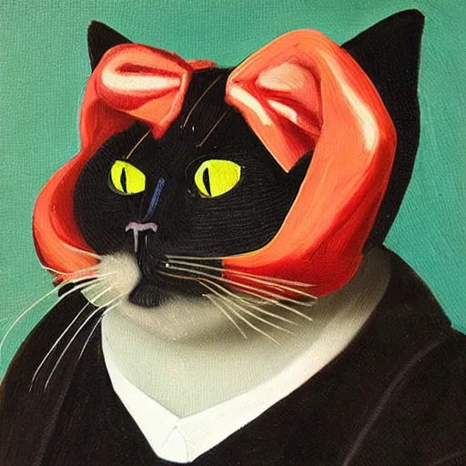 Image similar to portrait of a wise black cat scholar in a retro suit, beautiful oil painting