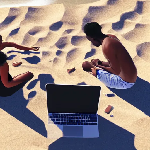 Prompt: group of black people working with macbook sitting on the beach sand, photorealism, ultra detailed, dynamic light