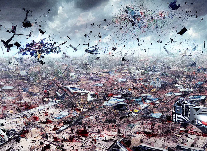 Image similar to thousands of robots falling from the sky whole storm tornado fx arstation hyperrealistic art