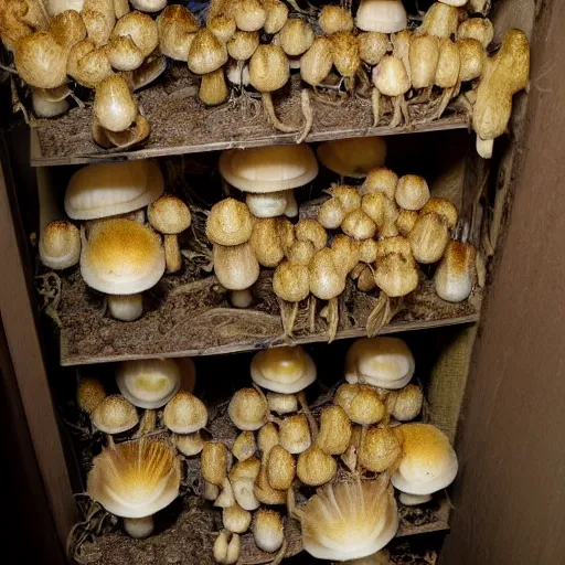 Image similar to realistic photo of golden teacher mushrooms growing inside a closet