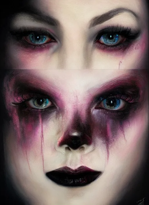 Image similar to hyper realistic, portrait, close - up, make up, dark witch, painting by ansell, mary jane, smooth, sharp focus