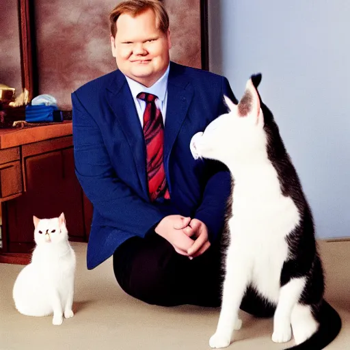 Prompt: Andy Richter wearing a blue dress shirt, necktie, navy dress pants sitting in a chair petting a calico cat