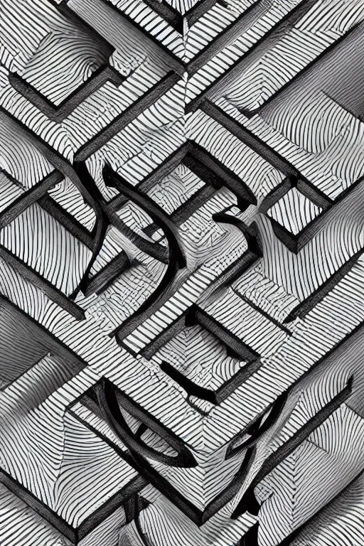 Image similar to intricate black and white 3d illustration of a ? symbol in style of m.c. Escher