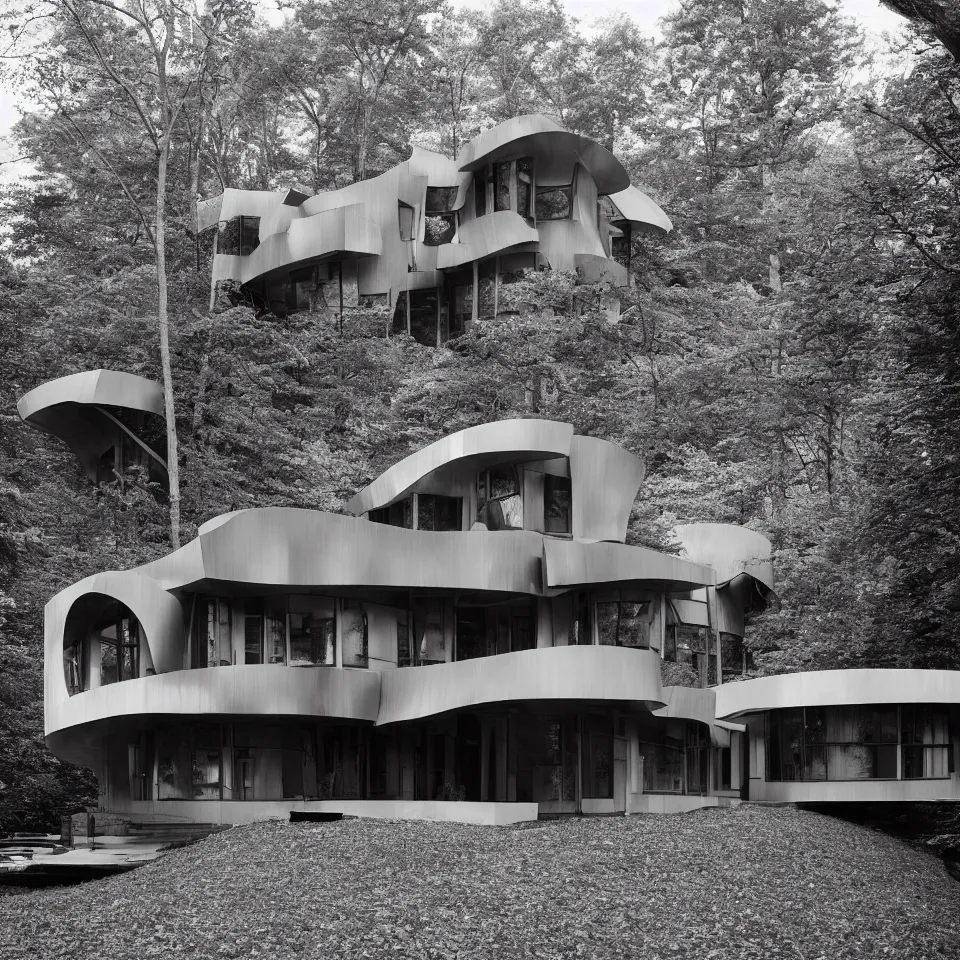 Prompt: architecture ad for a mid-century modern house in the middle of the forest, designed by Frank Gehry. Film grain, cinematic, grayscale, yellow hue