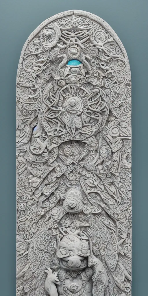 Prompt: intricate colourfully painted carved Soapstone relief paneling, white and pale blue , celestial, piggy, pig goddess, mother earth, Earth Goddess mythology, Gaia, angels, divinity, Ghostly, crystaline celtic, insanly detailed , artstation, wallpaper, hyper realistic, realistic lighting