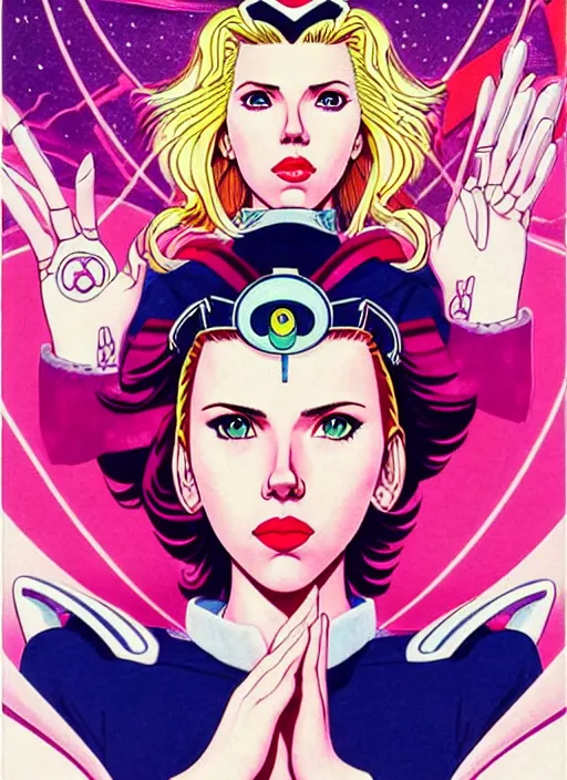 Image similar to perfectly centered realistic portrait of scarlett johansson as a sailor moon, futuristic, dark, highly detailed, 8 0 - s style, sharp focus, illustration, art by jamie christopher hewlett and kawase hasui