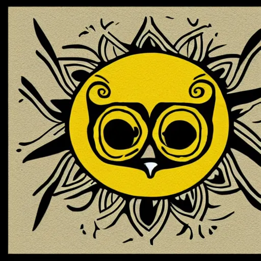 Prompt: tattoo sketch of a one eye cat hugging the sun, on a yellow paper, maori ornament, polinesian style, minimalism, vector