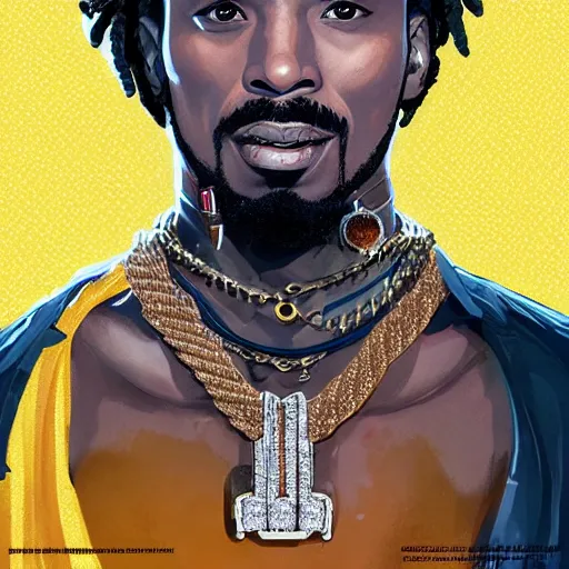 Image similar to a matte painting of killmonger, dripped out, diamonds, diamond chain, gold rings, gold watch, stylish, diamond grill by sachin teng