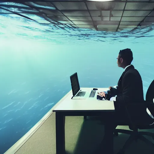 Image similar to photo of someone working at an office desk, underwater, cinematic