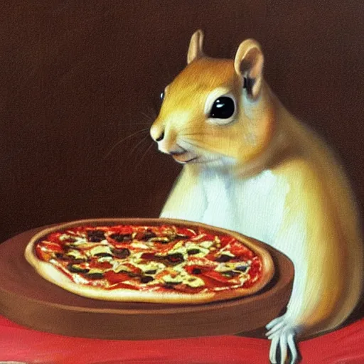 Image similar to a painting of a squirrel in kimono eating pizza in baroque style