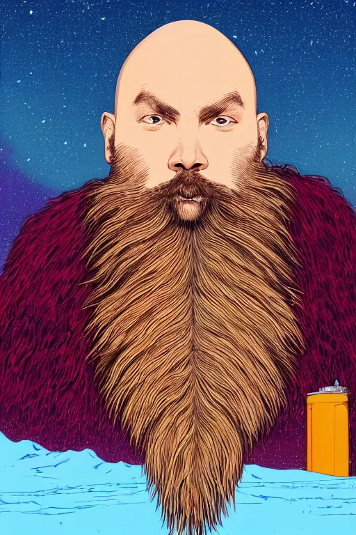 Image similar to a colorful closeup portrait of a young bald man with a very long wild beard dreaming psychedelic hallucinations in the vast icy landscape of antarctica, by kawase hasui, moebius and edward hopper, colorful flat surreal design, hd, 8 k, artstation