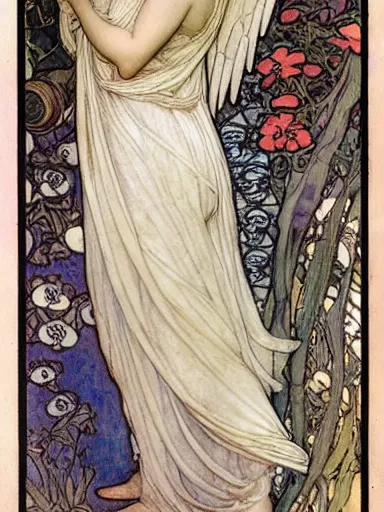 Image similar to a painting of a beautiful angel by rebecca guay and by john william waterhouse and by arthur rackham and by alphonse mucha, art noveau, detailed, proportional