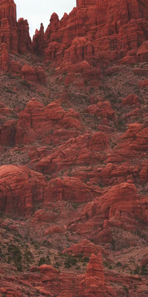 Image similar to an atmospheric film still by Ridley Scott with a huge towering dark gothic cathedral carved out of rock at the top of a red rock canyon