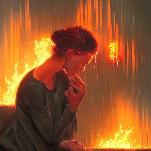 Image similar to she is watching how her digital past is burning with glitched flames made of bits, by greg rutkowski and esao andrews