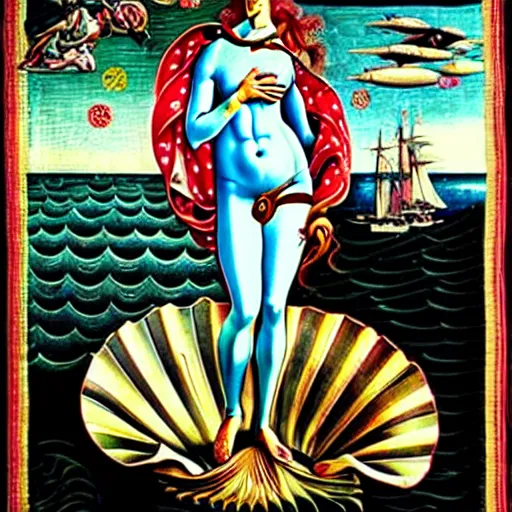 Image similar to the birth of venus gucci versace colorful intense intricate textile chiton himation cloak tunic streetwear cyberpunk modern fashion sandro botticelli