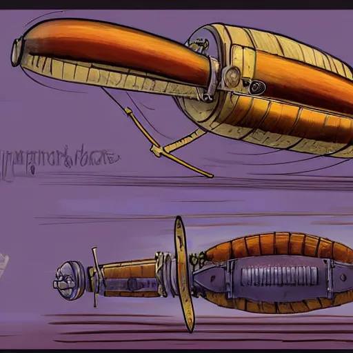 Prompt: a concept art of a steampunk airship with a shape of an hot dog