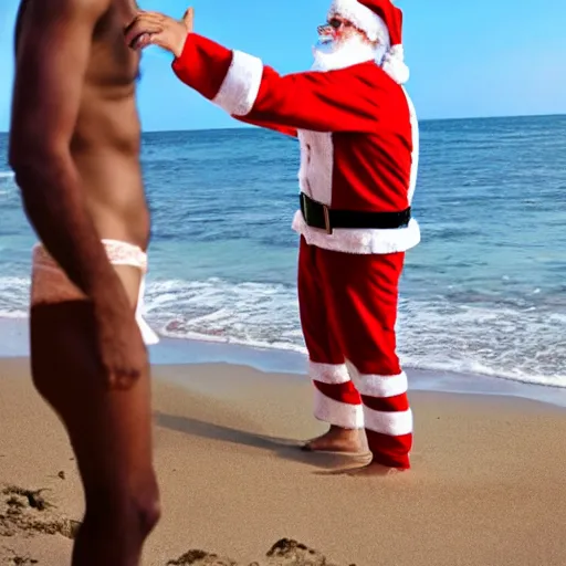 Prompt: surfer santa in a mankini at the beach