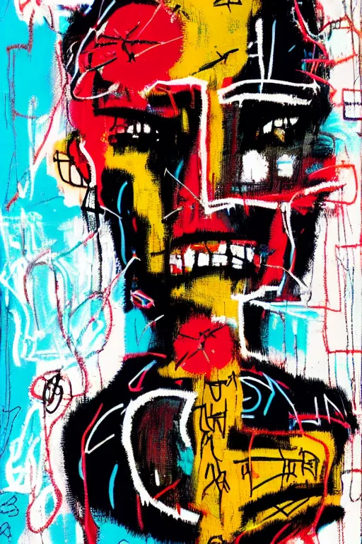 Image similar to cyborg girl in the style of jean michel basquiat