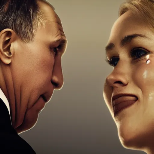 Image similar to a photo of vladimir putin kisses sergey lavrov, lovely kiss, kiss mouth to mouth, romantic, emotional, love scene, insane details, clear face, clear eyes, textured, 8 k resolution, professional photography, dslr, focus, zeiss lens, depth of field, studio quality, fashion photoshoot, extremely detailed, artistic, octane render