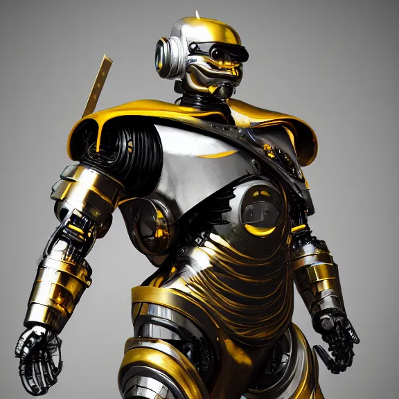 Image similar to a portrait of a angry cybernetic robocop samurai demon character, yellow background, unreal engine, octane render, artstation, digital art.