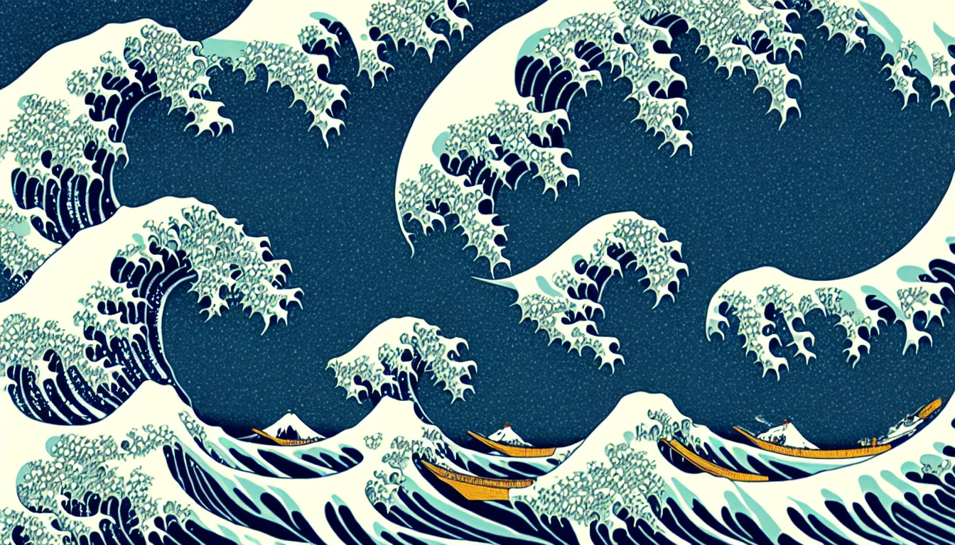 Image similar to the great wave by woodblock print, nicolas delort, moebius, victo ngai, josan gonzalez, kilian eng