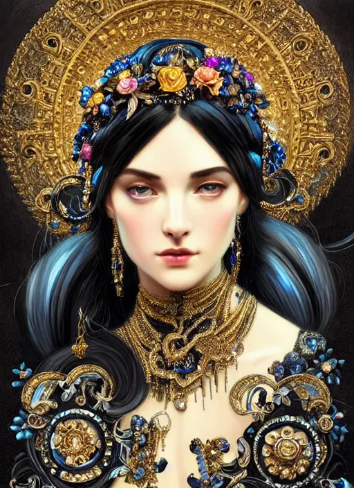 Image similar to beautiful black blue bling bling, complicated jewelry and bling bling flowers in victorian style headwears, dark fantasy, intricate, elegant, highly detailed, digital painting, artstation, highly saturated colors, concept art, matte, 3 d 8 k octane rendered, sharp focus, illustration, octane rendered, art by artgerm and alphonse mucha, leesha hannigan