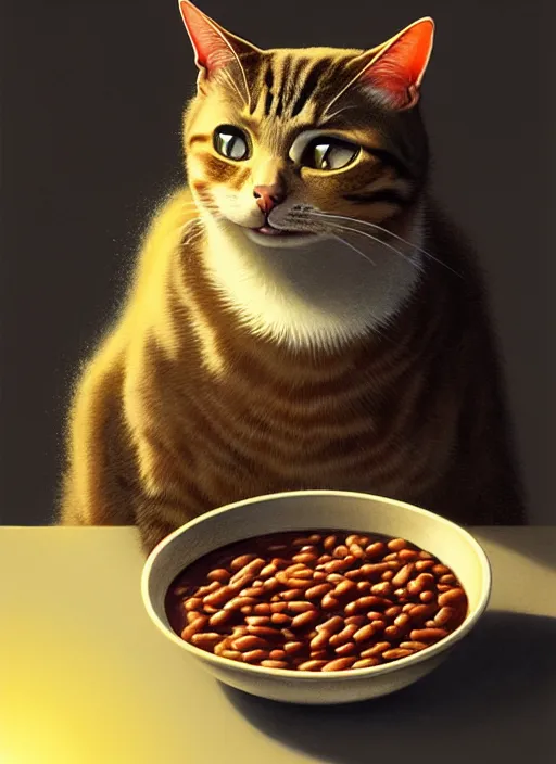 Image similar to portrait of a confused cat eating baked beans, intricate, elegant, glowing lights, highly detailed, digital painting, artstation, concept art, smooth, sharp focus, illustration, art by wlop, mars ravelo and greg rutkowski