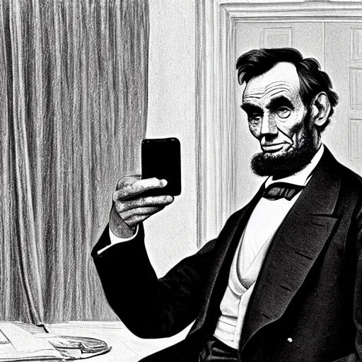 Prompt: abraham lincoln taking a selfie with his new iphone in the oval office